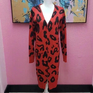 Red Animal Print Long Cardigan
